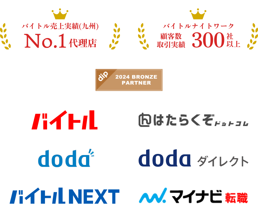 バイトル売上実績(九州)代理店ナンバーワン。バイトルナイトワーク顧客数取引実績300社以上。バイトル、はたらくぞドットコム、doda、dodaダイレクト、バイトルNext、マイナビ転職
